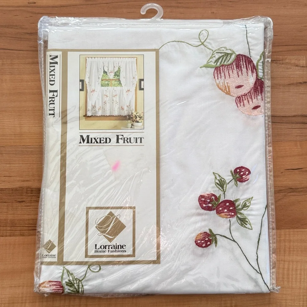 NEW ~ Embroidered Apples & Strawberries White Kitchen Curtain Tiers 60” x 24” - Picture 2 of 14